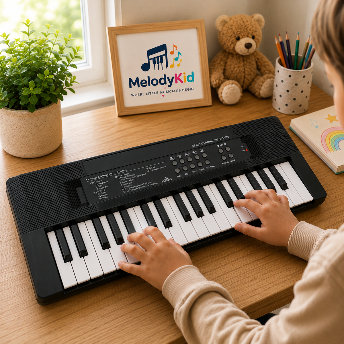 A child's hands play a black MelodyKid electronic keyboard on a wooden desk, with a potted plant, teddy bear, framed sign, and pencil cup in the background.