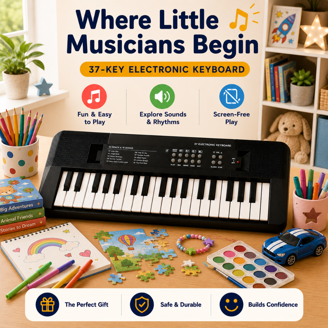 A 37-key electronic keyboard for kids is shown on a wooden desk in a colorful children's room setting. The keyboard is black with white keys and has a digital display screen.